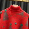 Christmas Red Turtleneck Sweater Women's Autumn Winter Vintage Casual Loose Pullovers Long Sleeve Christmas Tree Knitted Tops