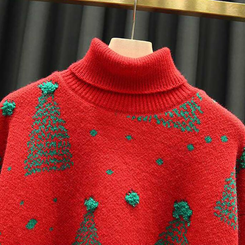 Christmas Red Turtleneck Sweater Women's Autumn Winter Vintage Casual Loose Pullovers Long Sleeve Christmas Tree Knitted Tops