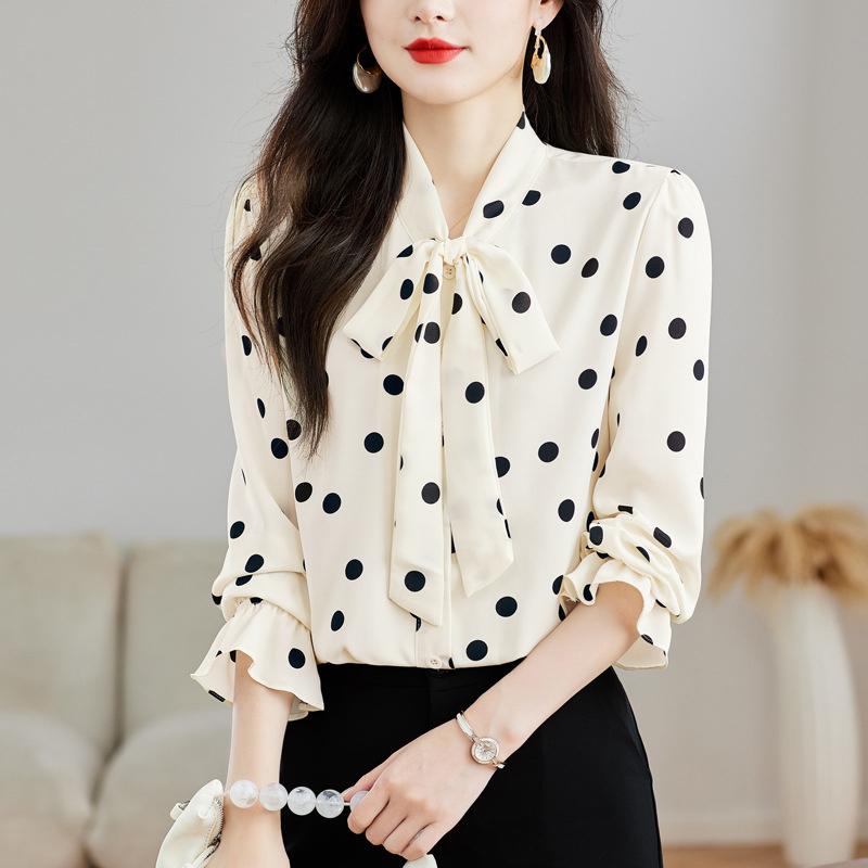 2026 Nuovo Top alla Moda ed Elegante per la Primavera, Camicia Versatile in Chiffon a Maniche Lunghe con Pois Neri