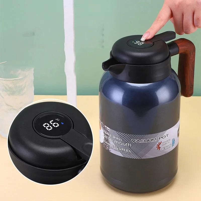 Large Capacity Insulated Thermos Coffee Pot Kettle Tea Jug Temperature Display Vacuum Flask Stainless Steel Thermal Water Bottle