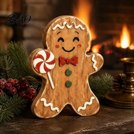 Christmas Window Display Ornaments Wooden Gingerbread Man Decor, Rustic Gingerbread, Candy Cane House Figurines, Xmas Family Gathering Decorative