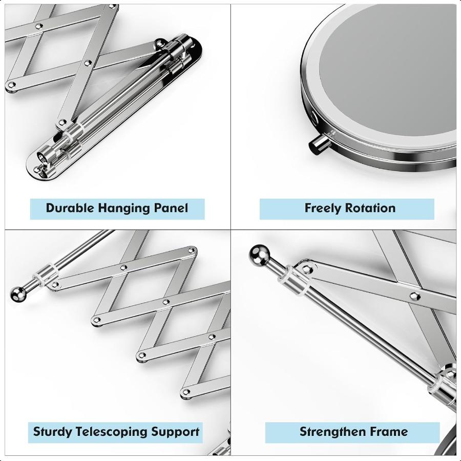 Rechargeable Wall Mounted Makeup Mirror 8 Inch Double Sided 1X 10X Magnifying Mirror with 3 Color Lights Dimmable Touch Screen