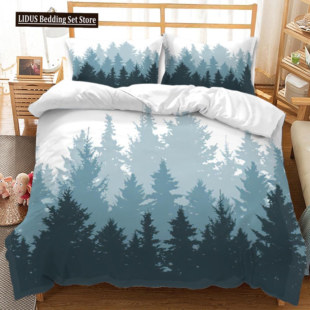 3D Mountain Forest Duvet Cover Set Snow Mountain Winter Theme King Queen Size Comforter Cover For Kid Teen Polyester Bedding Set