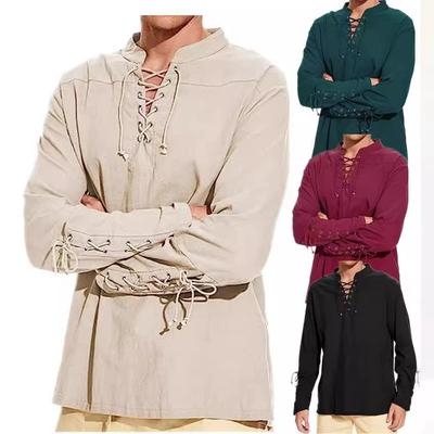 Cotton Linen Shirts for Men Medieval Costume Beach Tops Shirt Pull On Male Loose Casual Streetwear Cosplay Long Sleeve
