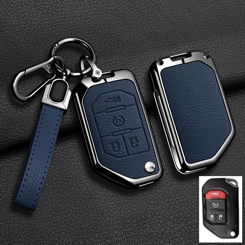 Convient Pour Jeep Gladiator Jt Sahara Jlu Wrangler Jl Rubicon Alliage de Zinc Cuir Véritable 2 3 4 Boutons Housse Étui Porte-clés pour Clé de Voiture Accessoires Auto