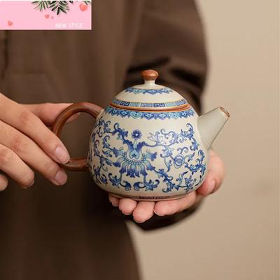 Chinese Ru Kiln Ceramic Teapot Gaiwan Traditional Handmade Blue and White Tea Pot Beauty Tea Infuser Kettle Household Teaware