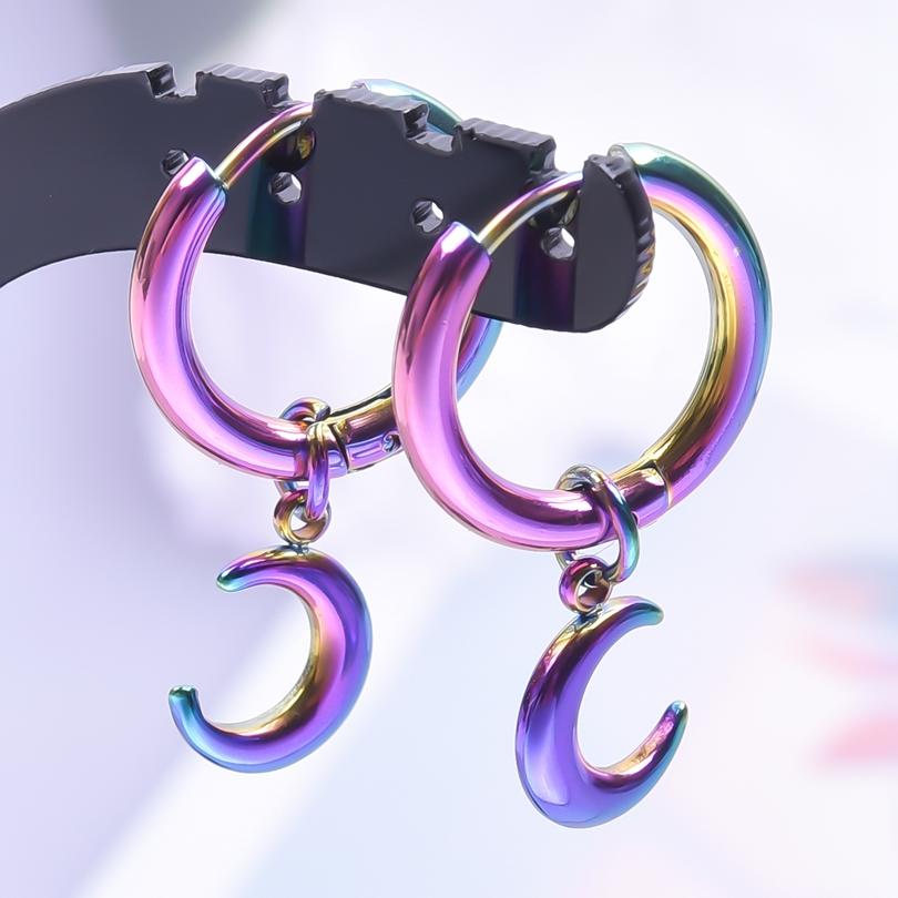 Upright Moon Charm Earring Lune Pendant Stainless Steel Earrings For Women Men Fashion Jewelry Round Hoops Piercing Oorbellen
