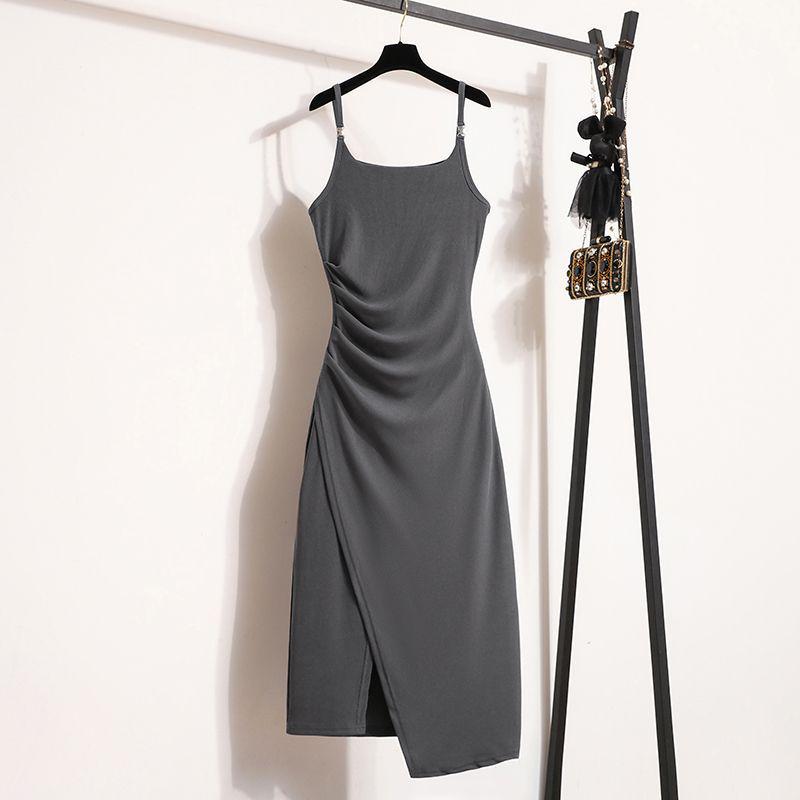 Plus Size Slimming Camisole Dress - Women's Waist-Cinched Spring/Summer Slit Outerwear Skirt