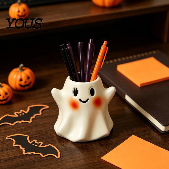 Funny Holiday Gifts for Friends Ghost/Skull Shape Pen Holder, Resin Desktop Organizer, Halloween Gothic Accessories Decorative Storage