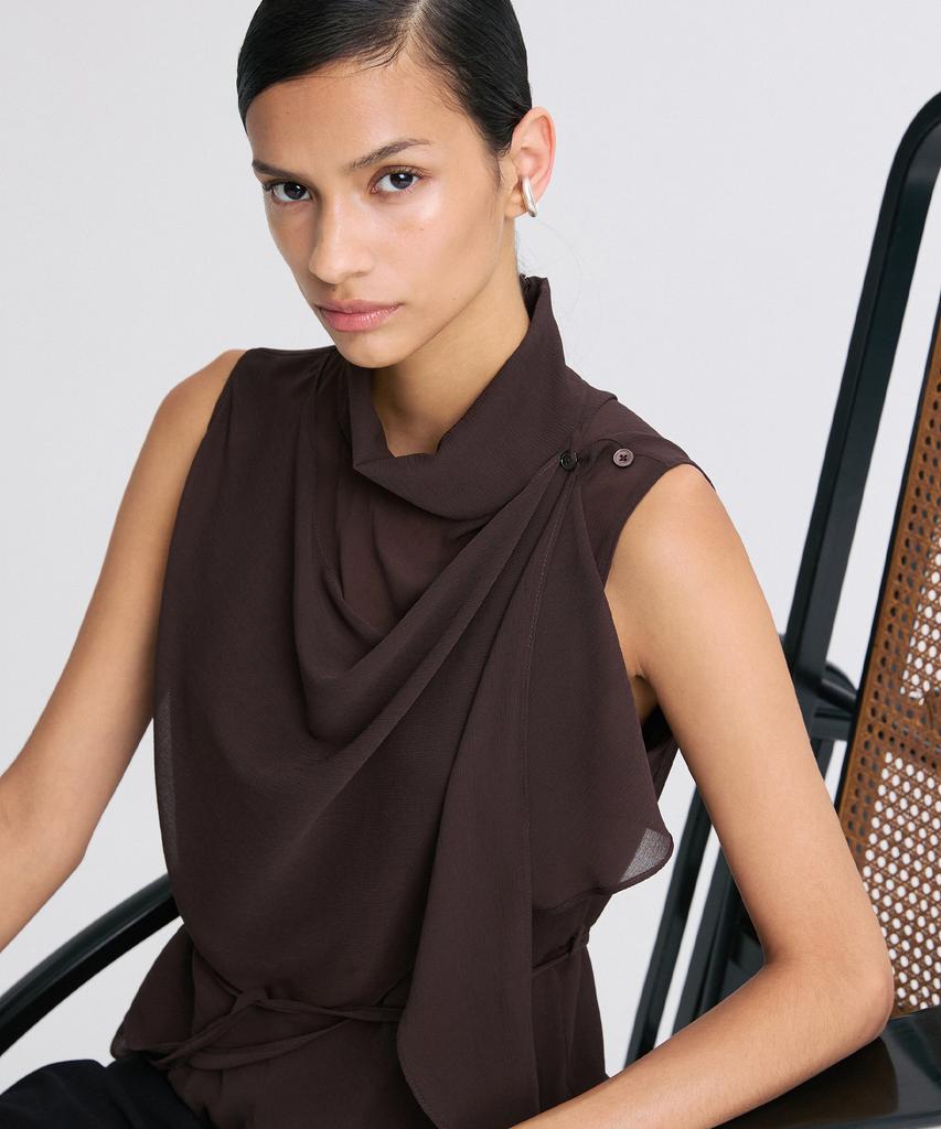 RE RHEE Belted Draped Sleeveless Blouse