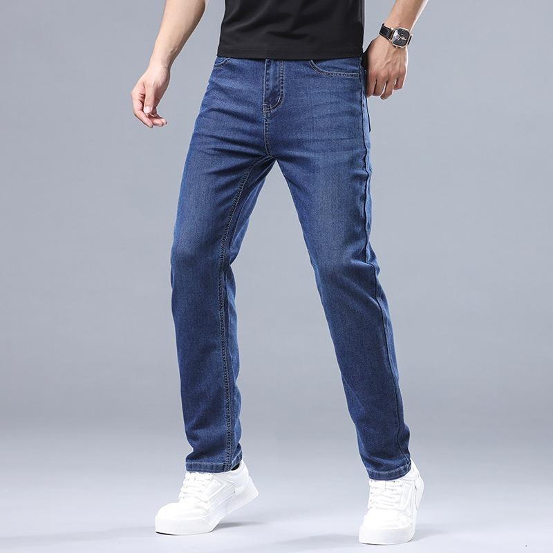 Blugi de vară din mătase gheață subțire elastici pentru bărbați, pantaloni drepți, vrac, mari, elastici, de afaceri, casual