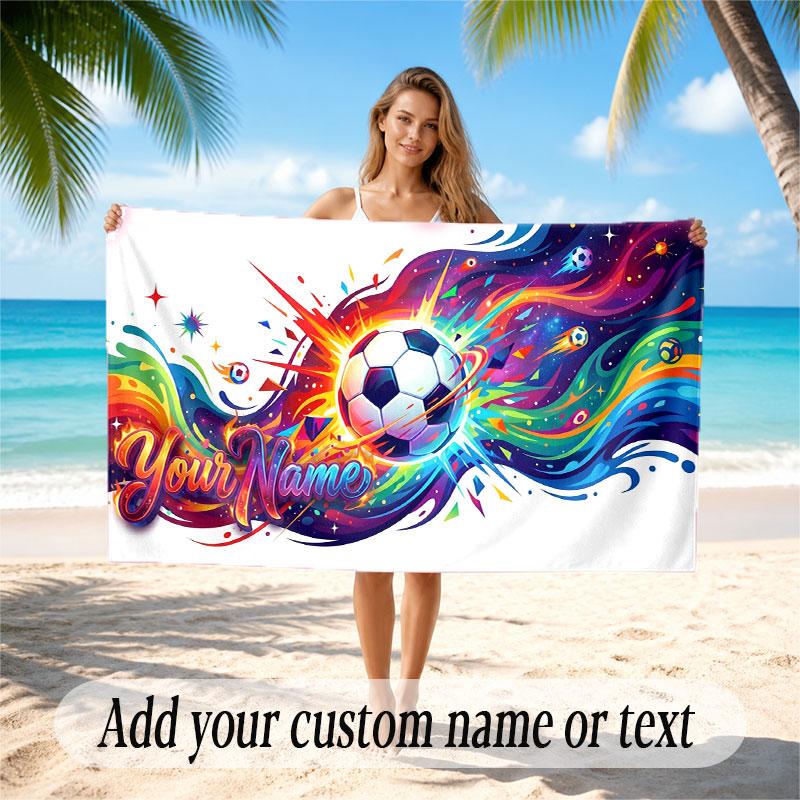 Soccer Theme Beach Towel Personalized Custom Name & Text Soft Quick Dry Beach Towel for Swimming Travel
