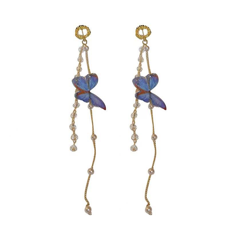 Korean Trendy Butterfly Tassel Earrings with Crystals and Pearls