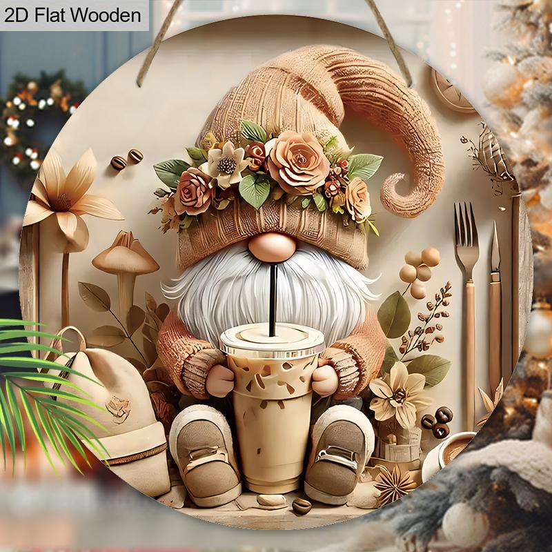 Christmas Hot Cocoa Wooden Sign with Adorable Gnome Pattern - Navidad Round Sign for Front Door, Wall Hanging Decor - Ideal Christmas Gift