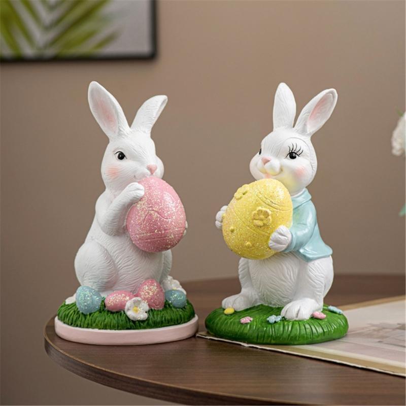 Handcrafts Resins Easters Bunnies Holding Eggs Decoration Cute Rabbit Figurine with Lawn Base for Home and Office Decors