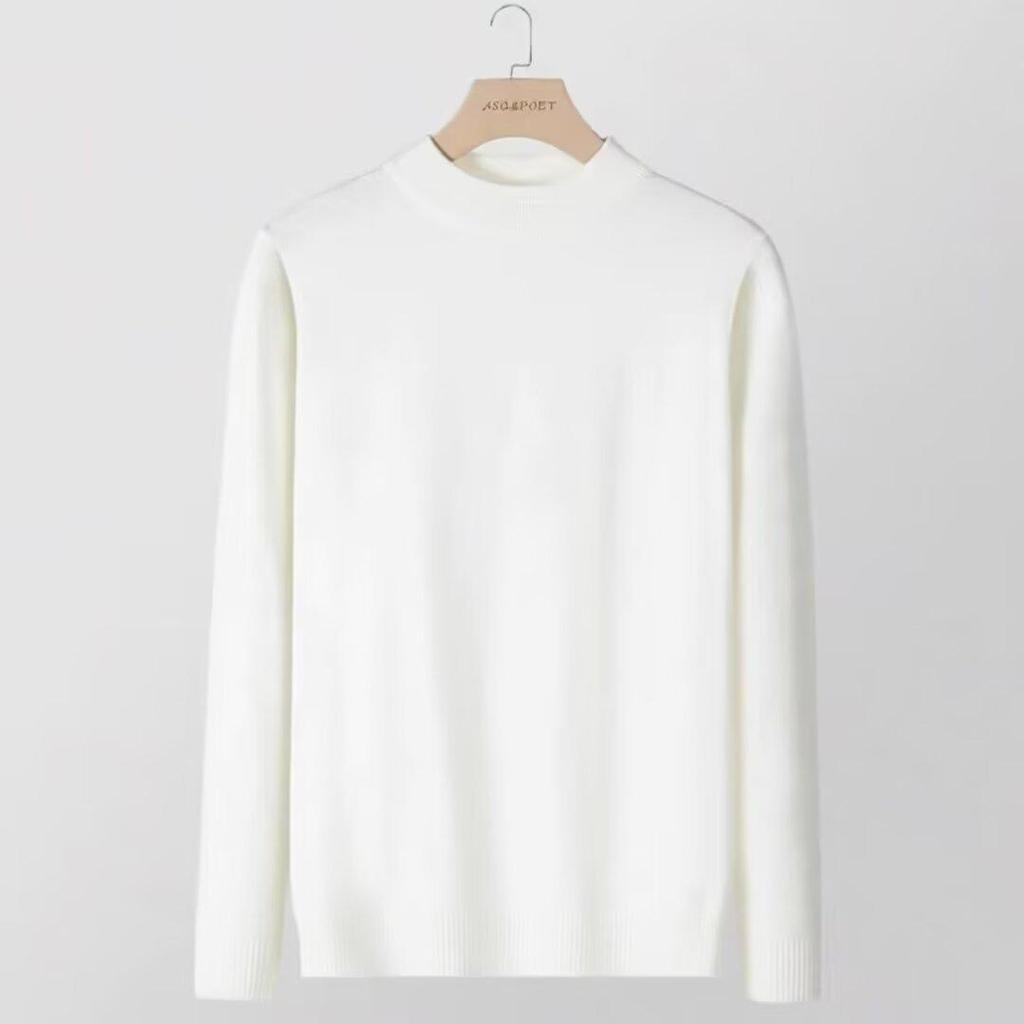 Men's Solid Color Wool Knit Sweater - Half-High Neck, Warm, Trendy Autumn/Winter Base Layer