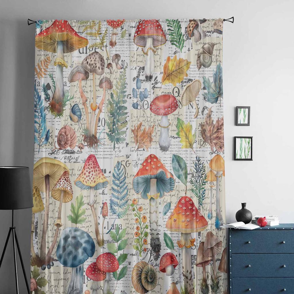 Mushrooms Plants Hand Drawn Watercolor Retro Tulle Window Curtains for Bedroom Luxury Home Drapes In Living Room Chiffon Panels