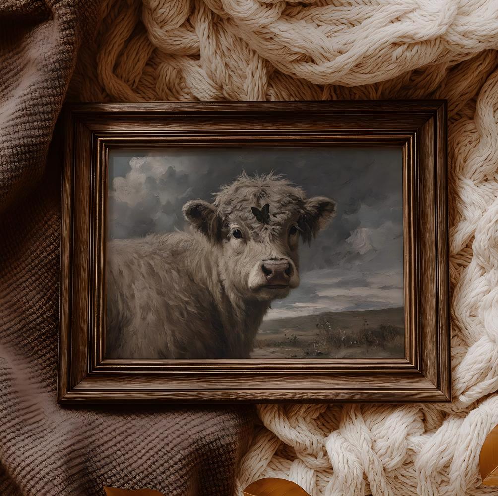 White Highland Cow & Butterfly Digital Art Print, Farmhouse Rustic Animal Oil Painting, Fluffy Scottish Cattle Wall Decor, Rural 21X30CMNo Framed
