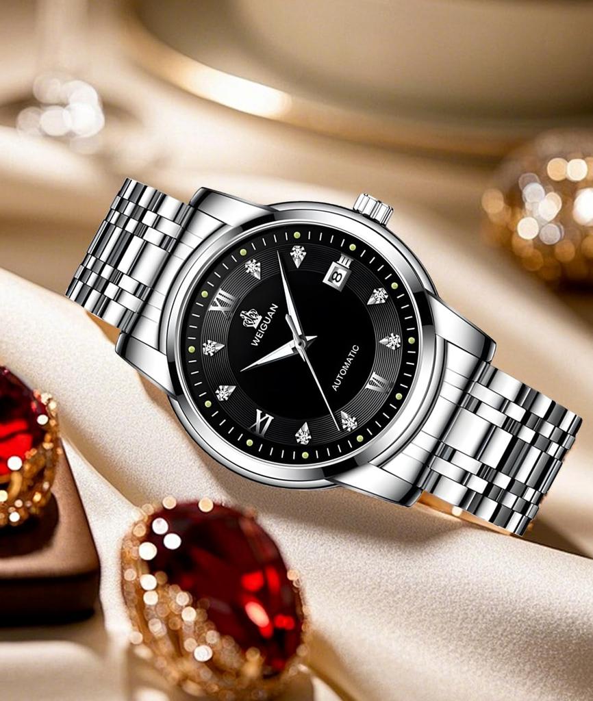 TeamSky Mechanical Automatic Manual Stainless Large Day Gift Silver Band Watch, Men's Watch, Mechanical, Steel, Waterproof, Watch, Steel, Luminous,