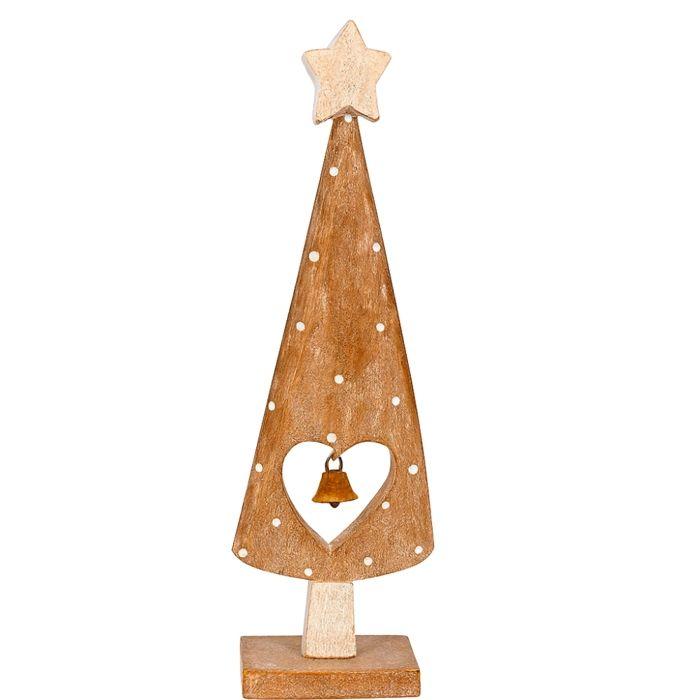 Decorative Fir Tree - SIROCO - 25 Cm - Natural Wood - Openwork Heart - Metal Bell