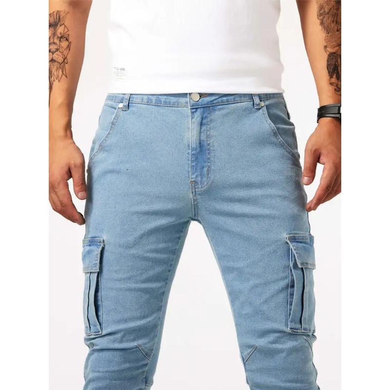 Pantaloni Cargo in Denim Skinny Azzurro Chiaro da Uomo Multi Tasche Elasticizzati Casual
