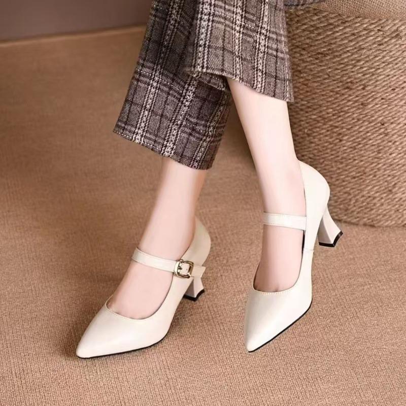 New Spring and Autumn Fashion Shallow Single Shoes Women's Soft Leather Mary Jane Women's Shoes Pointed Leather Shoes Thick Heel High Heels