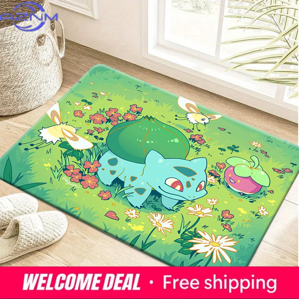 Cute Bulbasaur Pokemon Spring Flower Garden Print Soft Non Slip Absorbent Indoor Home Bathroom Entryway Floor Doormat Rug Mat 40cm x 60cm