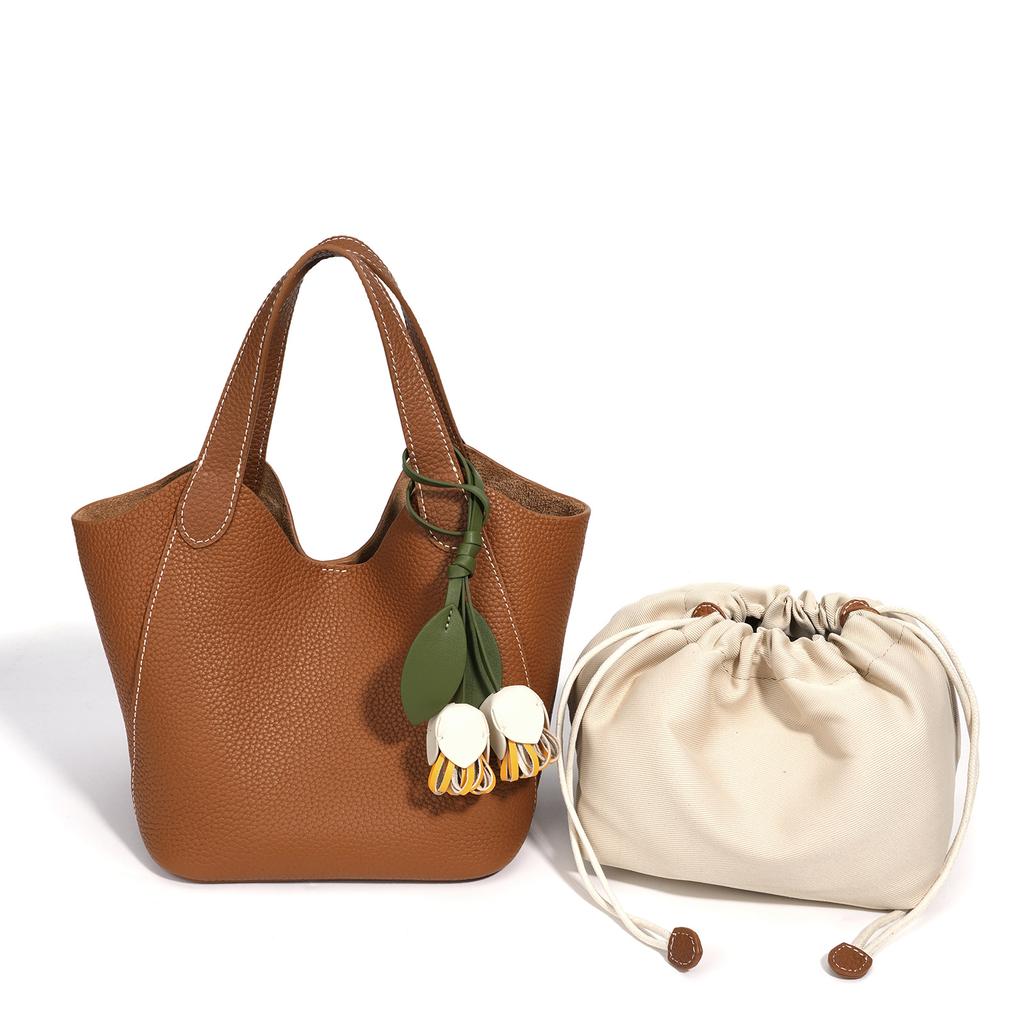 Leather fashion foreign style vegetable basket bag, Korean niche portable bucket bag, leather premium versatile messenger bag women