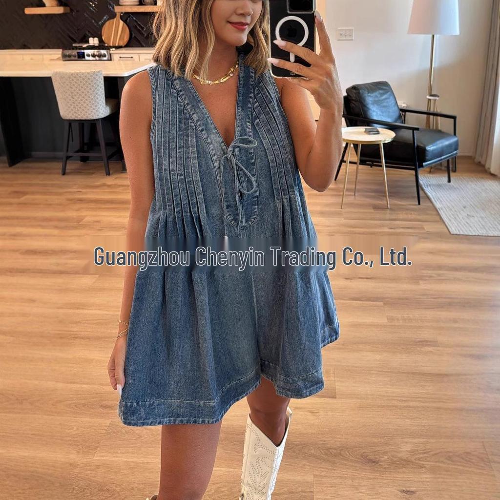 Trendy European & American Women's Mid-Summer Denim Jumpsuit - Pure Cotton, Washed, Pleated, Deep V Lace-Up Shorts