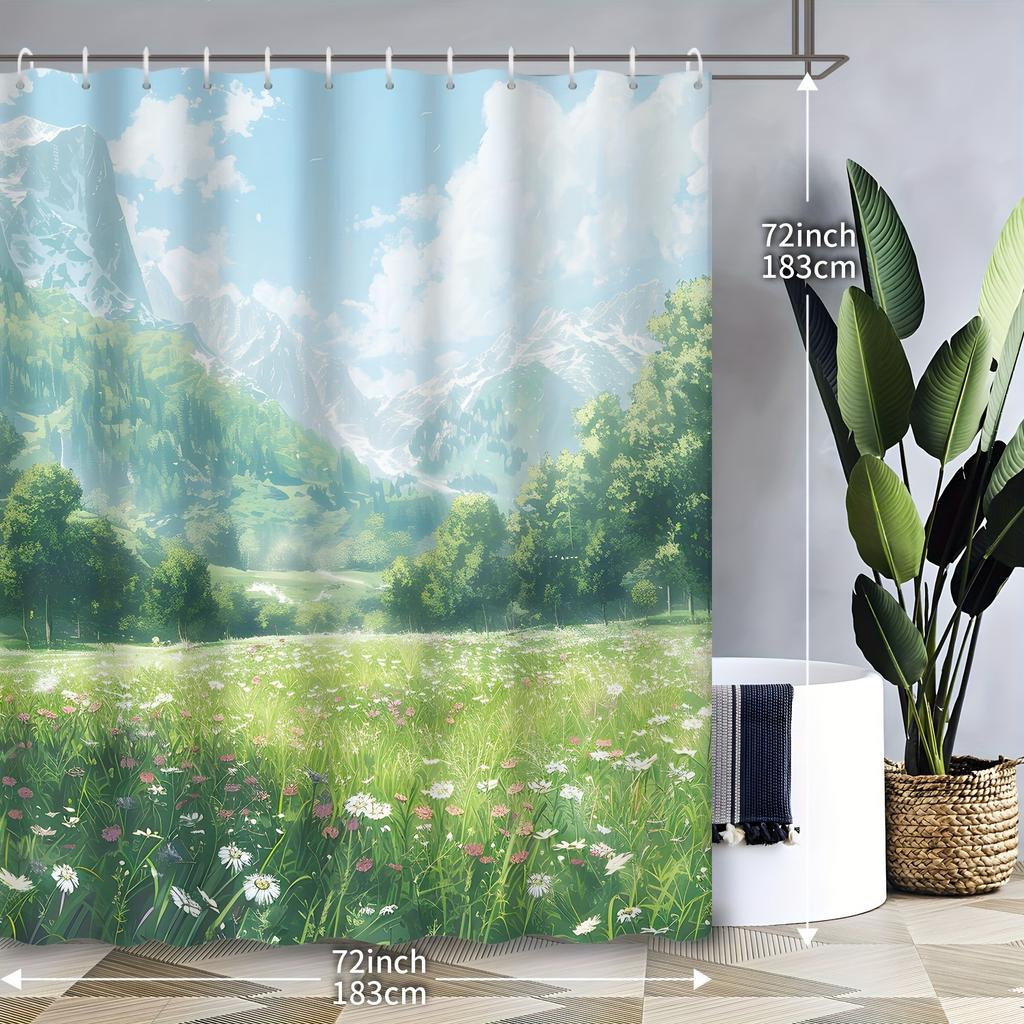 Shower Curtain: Idyllic Mountain Landscape With Lush Green Fields For A Serene And Scenic Bathroom Decor
