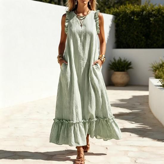 Sommer Gestreiftes Maxikleid für Damen Rundhalsausschnitt Ärmellos Rüschen A-Linie Schwingendes Kleid Strand Freizeit Fließendes Sommerkleid mit Taschen
