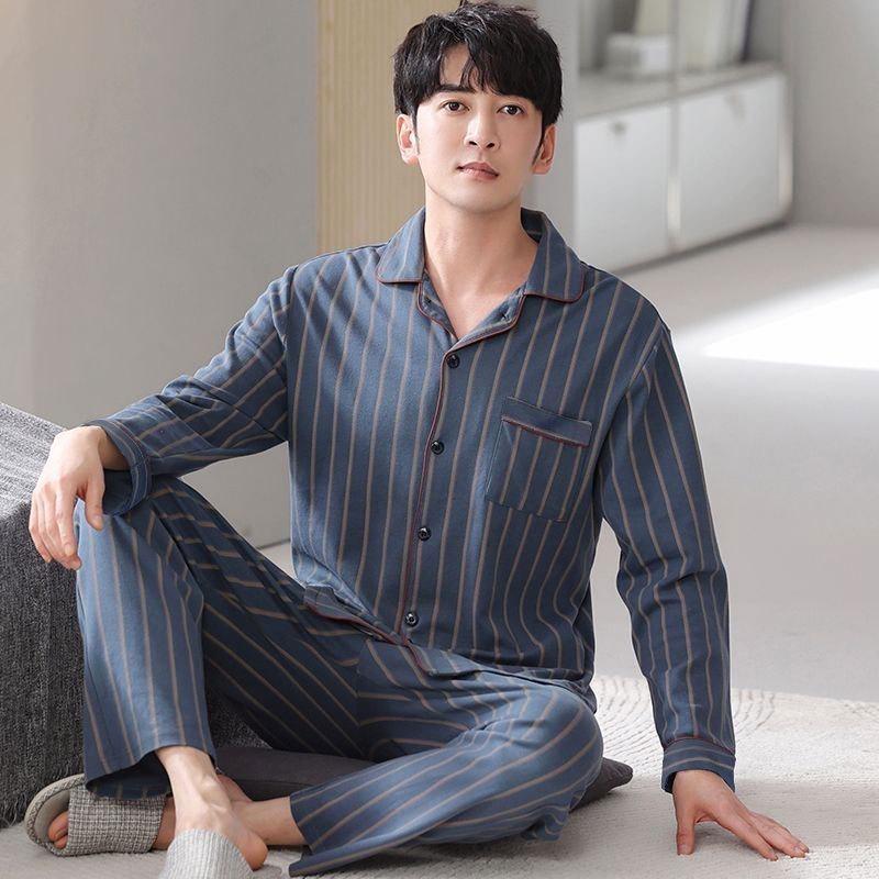 Men's Plus Size Long-Sleeve Plaid Cotton Pajamas for Spring & Autumn, Suitable for Outdoor Wear.