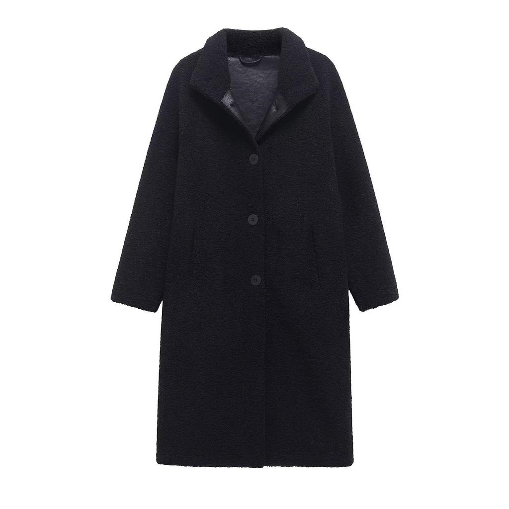 2024 Autumn/Winter Black Casual Fleece Long Sleeve Stand Collar Overcoat Jacket