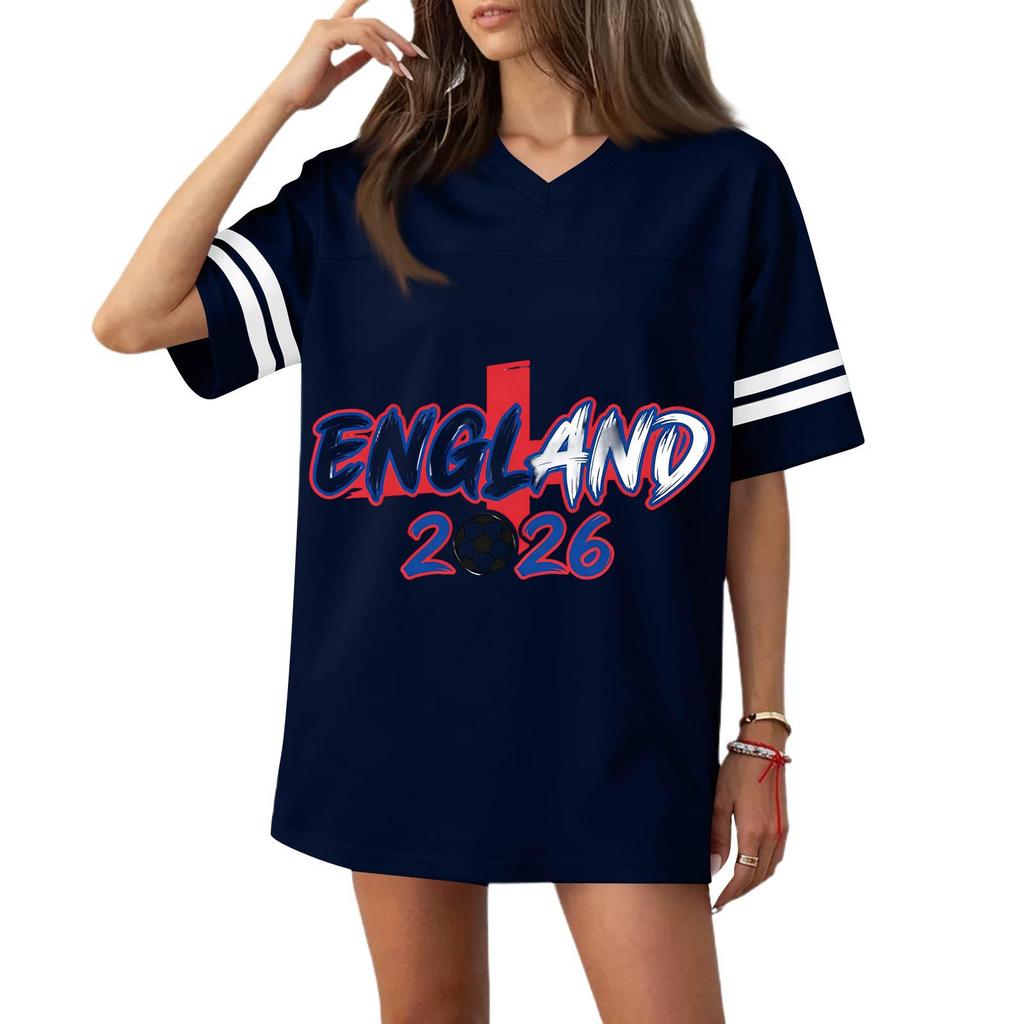 Women V Neck Short Sleeve Casual Loose Fit Sports T Shirt with 2026 Football Flag Print for Outdoor Activities