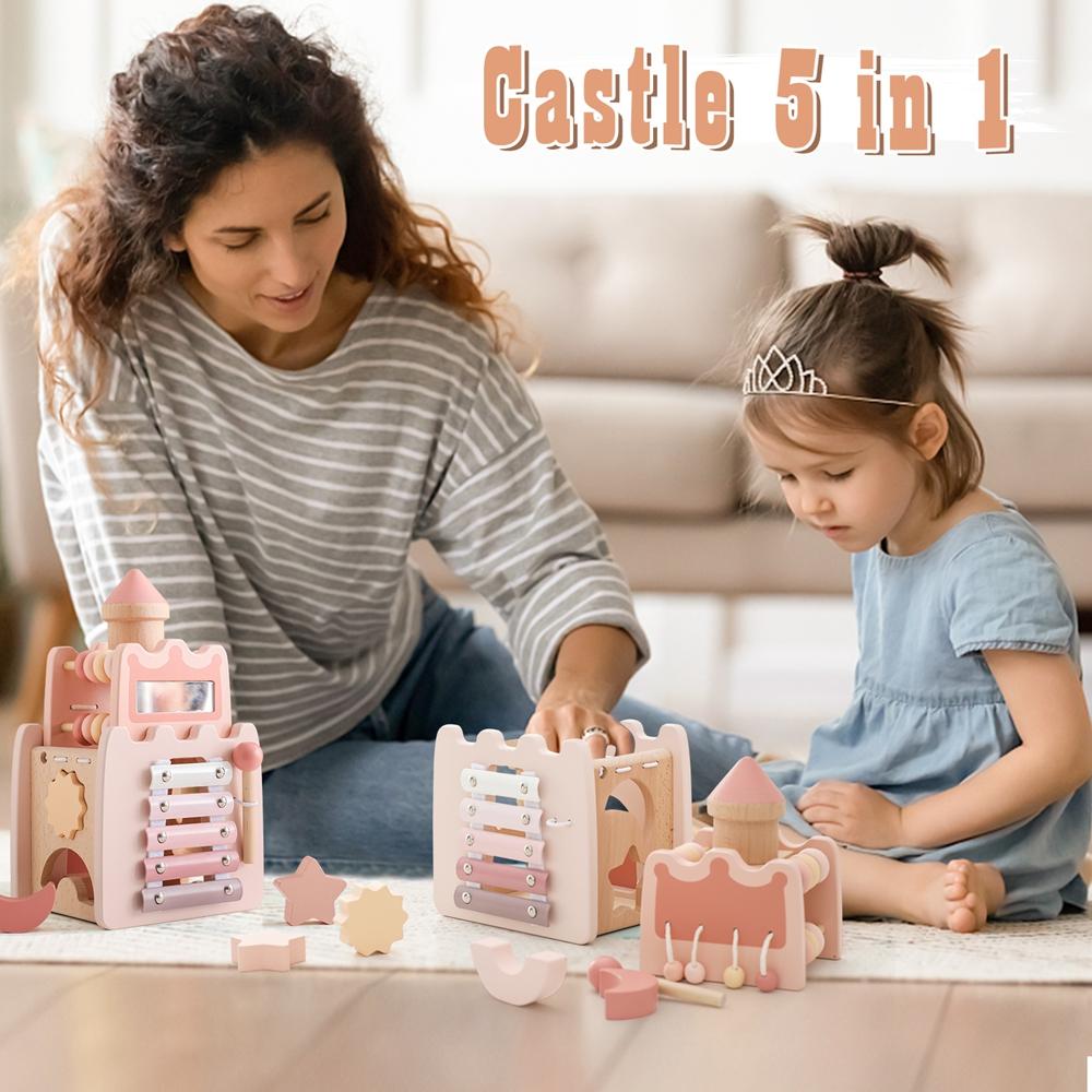 Children Geometric Castle Shape Block Puzzle Toys Kids Montessori Wooden Toys Baby Pink Castle Shape Matching Busy Box Toys
