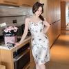 Spring and Summer Ice Silk Nightgown Sexy Suspender Women's Pajamas Thin Nightgown Printed Homewear Bathrobe Two-piece Set