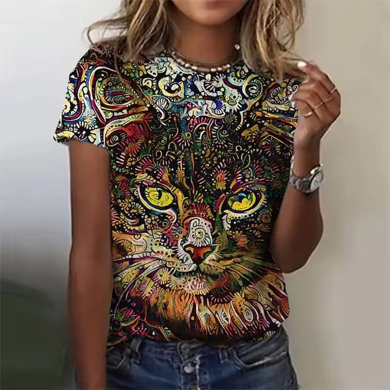 Summer Round Neck 3D Cat Pattern Print Top Fashionable Casual Short Sleeved Women's T-shirts