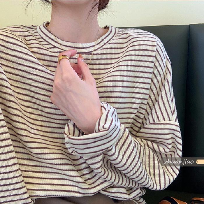 

Женская полосатая футболка с длинным рукавом свободного кроя - Круглый вырез, Универсальный слой для весны/осени/зимы Double Extra Large