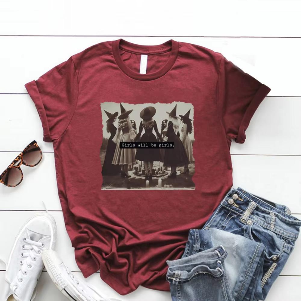 Vintage Girls Will Be Girls Witch T Shirt Funny Witch Tshirt Halloween Women Shirt Short Sleeve Streetwear Tee Witchy Vibes Top