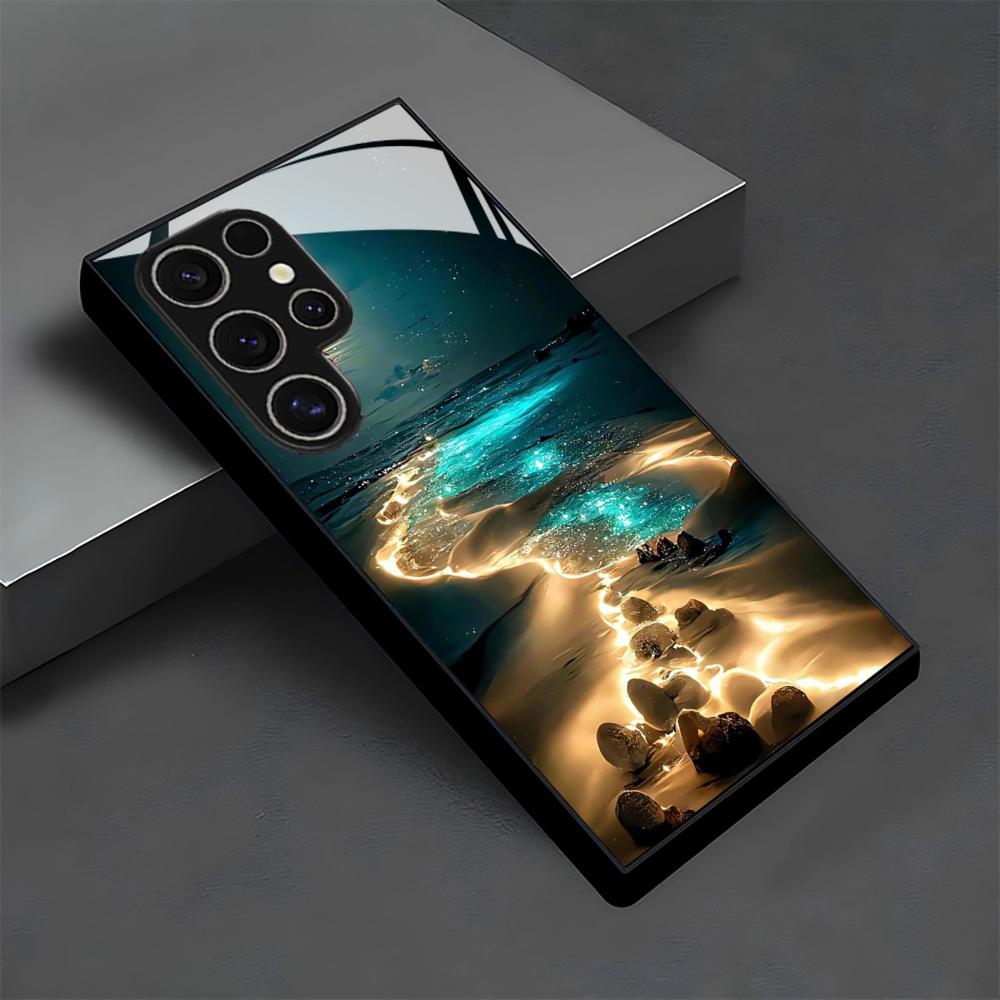 Pakrantės vaizdas stiklinis telefono dėklas, skirtas Samsung Galaxy S26 S25 S24 S22 S23 Ultra S21 S20 Plus 5G, neslystantis, pilnas dangtelis