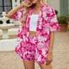 YYFS Damenmode Sommer Frühling Casual Blumenmuster Druck Kurzarm Blusen & Hemden Hohe Taille Shorts Anzüge