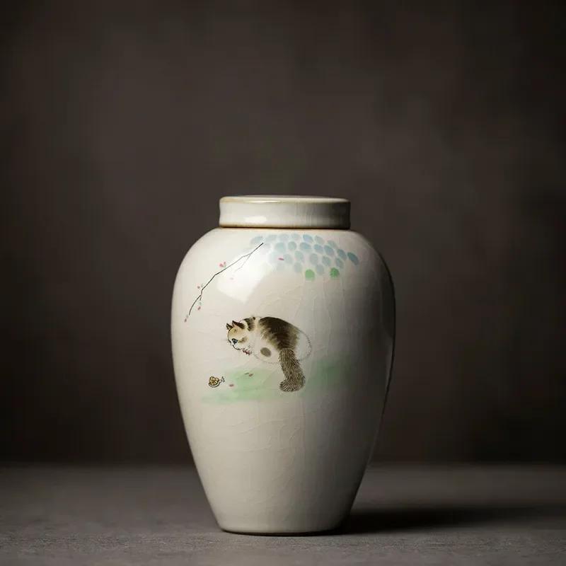 Retro Ru Kiln Ceramics Tea Caddy Cute Cat Pattern Portable Sealed Tea Leaf Containers Travel Tea Bag Storage Box Spice Organizer