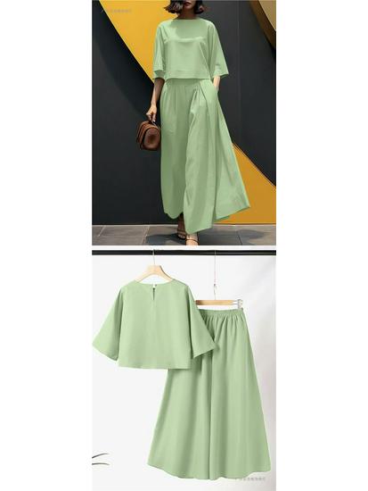 2026 Spring/Summer Women's Solid Color Short Sleeve Casual Loose Trousers Two-Piece Set