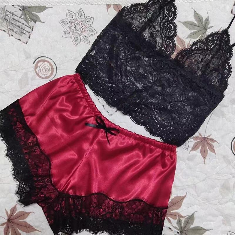 Pijamale Sexy pentru Femei Set 2 Piese Top Pantaloni Scurți Haine de Dormit Pijamale Dantelă Lenjerie