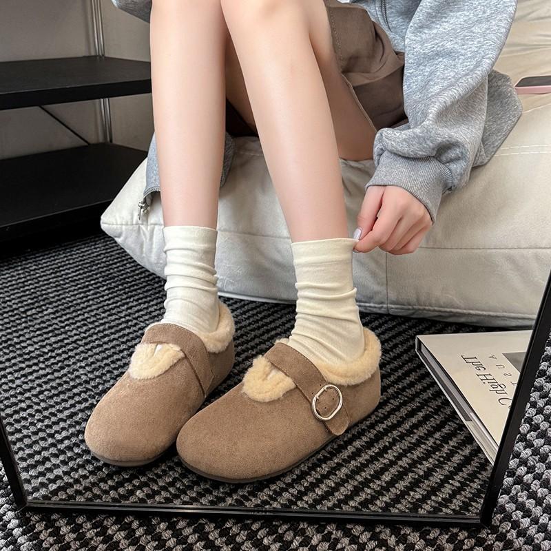 2025 autumn and winter new retro casual Mary Jane velvet belt buckle Doudou flat cotton scoop evening shoes