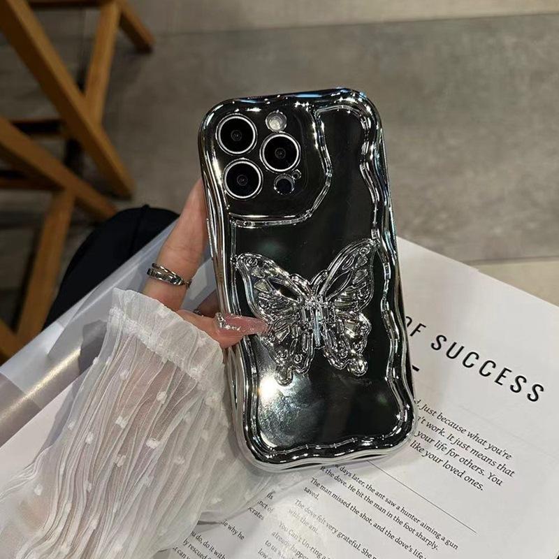 Applicable to Apple 17 mobile phone case three-dimensional silver butterfly iPhone16promax electroplating fashion style women's bracelet