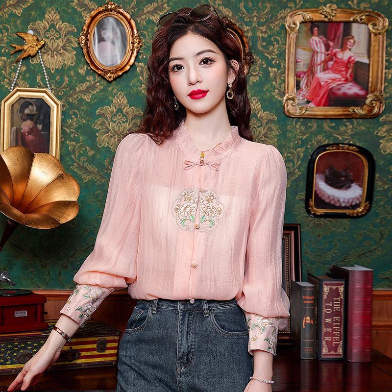 

Весенняя рубашка Милая леди Воротник из листьев лотоса Длинный рукав Художественная роспись Растительные цветы Весна и осень Рукав-фонарь Для женщин 2XL