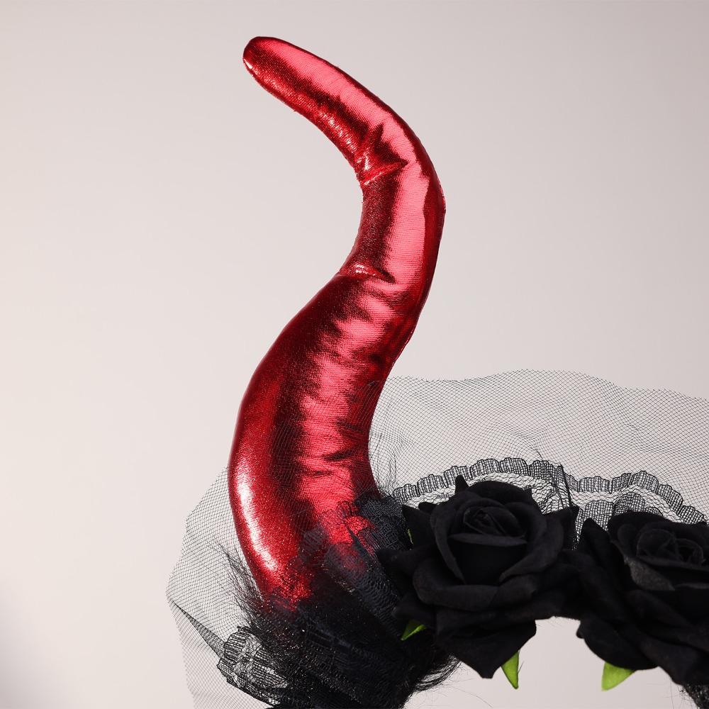 Lace Trim Halloween Cow Horns Headband Fashion Red Rose Headband Sheep Horn Headband  Costume Party