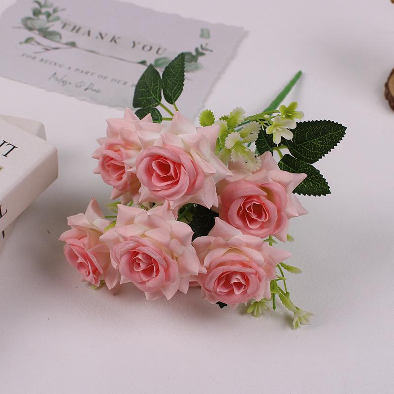 

10pcs Simulation 7-head Corner Roses Bouquet Light Luxury Silk Pink Flowers Wedding Auditorium Decoration Rose Artificial Flower baby рожевий колір