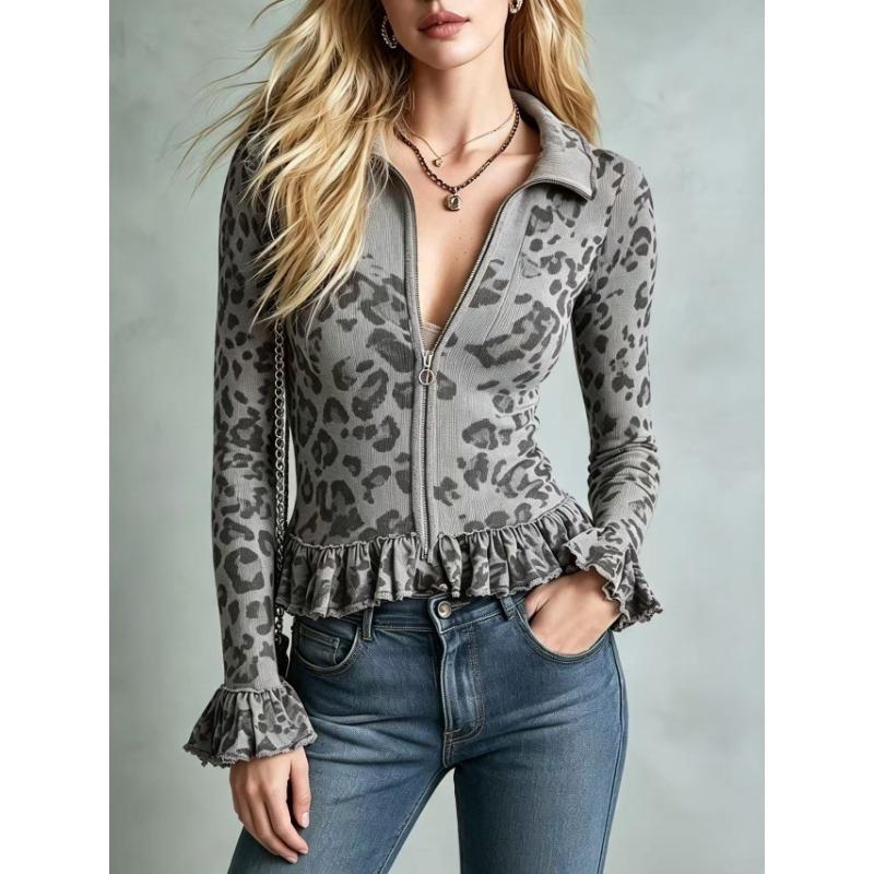 Women S Y2k Leopard Print Long Sleeve Knit Top Zip Ruffle Flare Sleeve Blouse